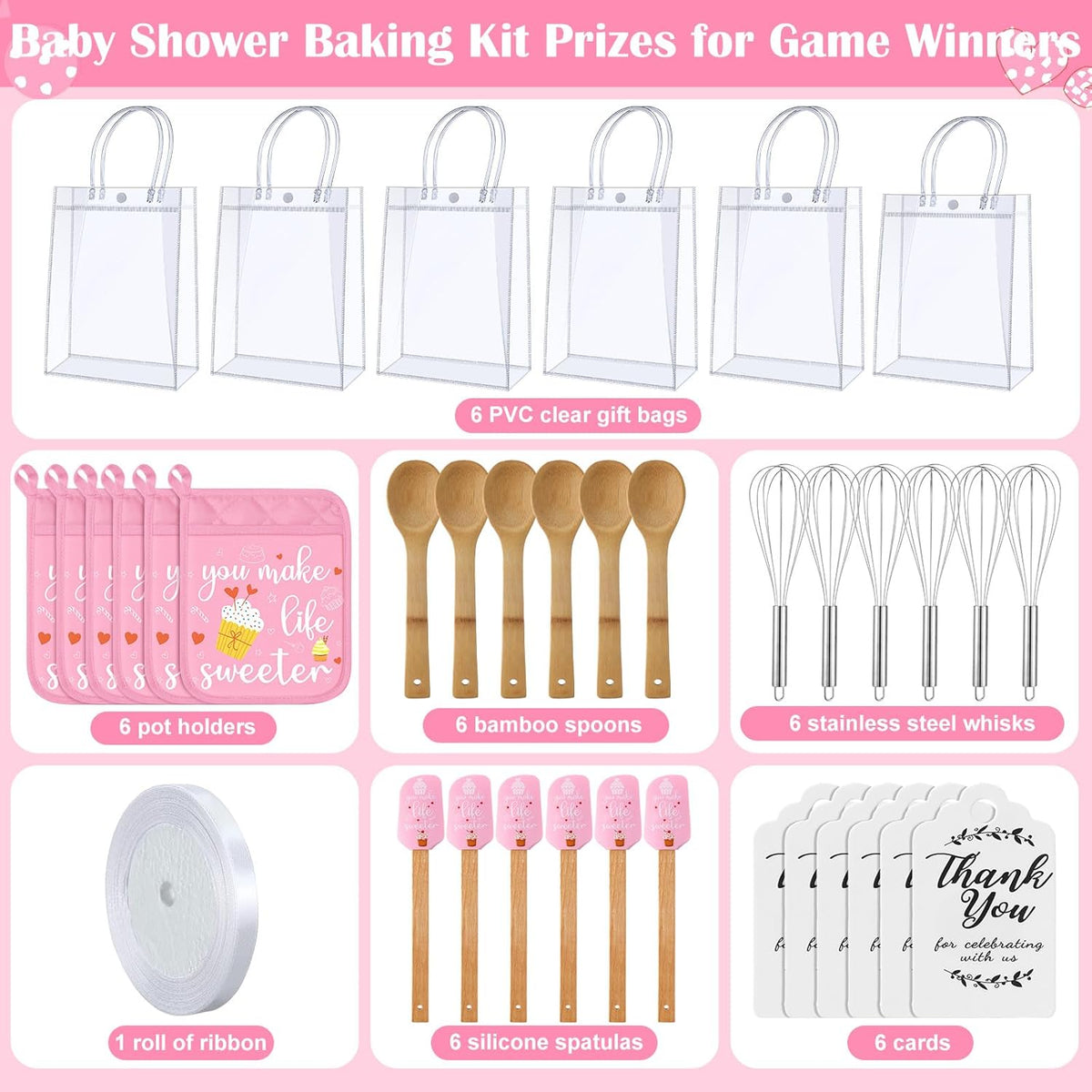 6 Sets Baby Shower Prizes for Game Winners Potholder Silicone Spatula Bamboo Spoon Whisk Gift Bag Set Gifts for Baby Shower Bridal Wedding Guests Games Prize Favors(Eucalyptus)