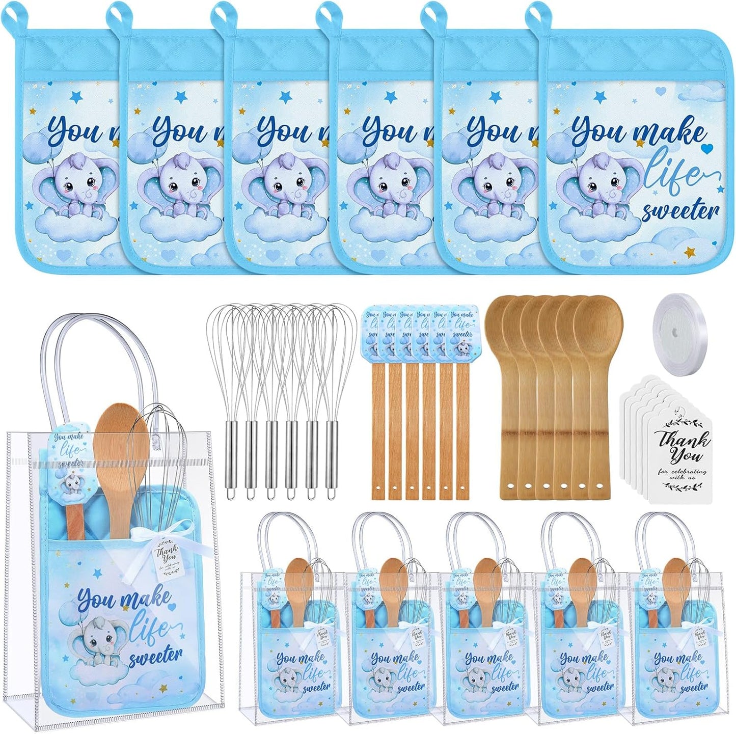 6 Sets Baby Shower Prizes for Game Winners Potholder Silicone Spatula Bamboo Spoon Whisk Gift Bag Set Gifts for Baby Shower Bridal Wedding Guests Games Prize Favors(Eucalyptus)