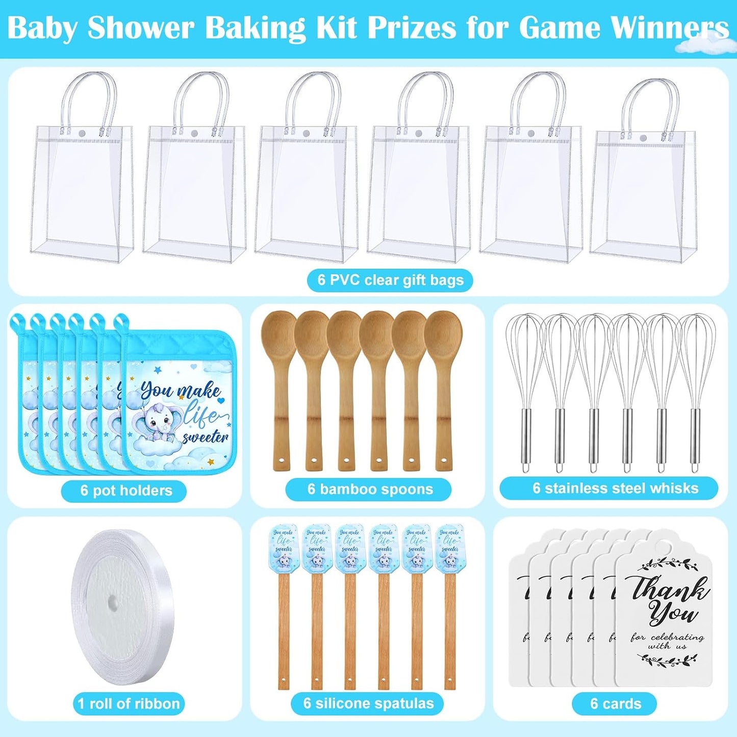 6 Sets Baby Shower Prizes for Game Winners Potholder Silicone Spatula Bamboo Spoon Whisk Gift Bag Set Gifts for Baby Shower Bridal Wedding Guests Games Prize Favors(Eucalyptus)