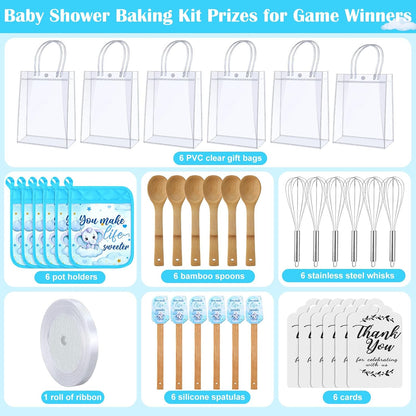 6 Sets Baby Shower Prizes for Game Winners Potholder Silicone Spatula Bamboo Spoon Whisk Gift Bag Set Gifts for Baby Shower Bridal Wedding Guests Games Prize Favors(Eucalyptus)
