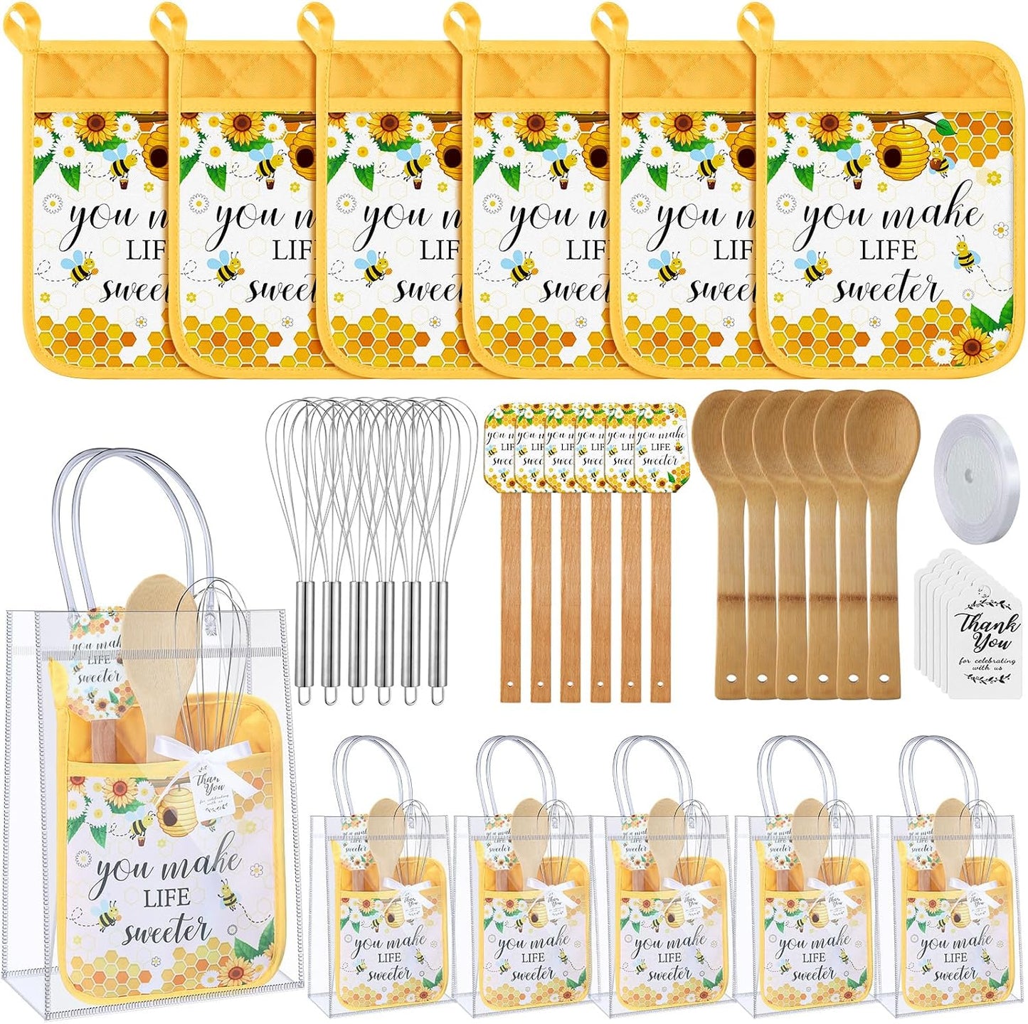 6 Sets Baby Shower Prizes for Game Winners Potholder Silicone Spatula Bamboo Spoon Whisk Gift Bag Set Gifts for Baby Shower Bridal Wedding Guests Games Prize Favors(Eucalyptus)