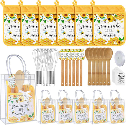6 Sets Baby Shower Prizes for Game Winners Potholder Silicone Spatula Bamboo Spoon Whisk Gift Bag Set Gifts for Baby Shower Bridal Wedding Guests Games Prize Favors(Eucalyptus)