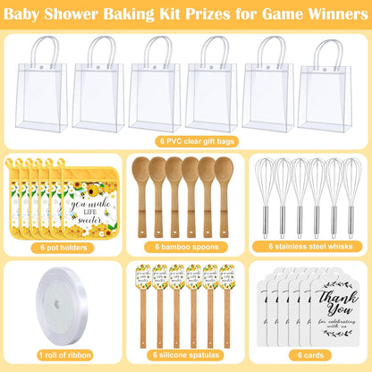 6 Sets Baby Shower Prizes for Game Winners Potholder Silicone Spatula Bamboo Spoon Whisk Gift Bag Set Gifts for Baby Shower Bridal Wedding Guests Games Prize Favors(Eucalyptus)