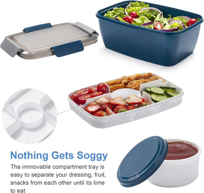 Large Salad Container for Lunch, 2 Packs 68oz Salad Bowls with 5 Compartments, Salad Dressings Container for Salad Toppings, Snacks, Men, Women (Pink+Blue)