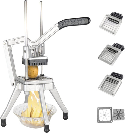 Commercial Vegetable Chopper French Fry Cutter Stainless Steel w/ 4 Sizes Blades, Fruit Potato Slicer, 1/2", 3/8", 1/4" & 8-Wedge Blades and Pusher Blocks for Restaurants, Home & Kitchen