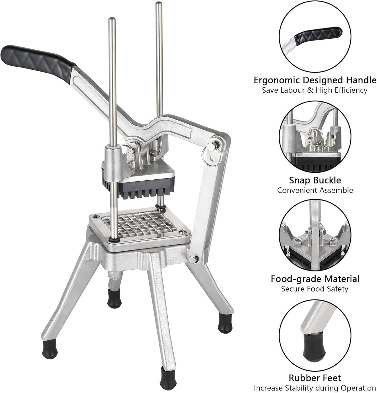 Commercial Vegetable Chopper French Fry Cutter Stainless Steel w/ 4 Sizes Blades, Fruit Potato Slicer, 1/2", 3/8", 1/4" & 8-Wedge Blades and Pusher Blocks for Restaurants, Home & Kitchen