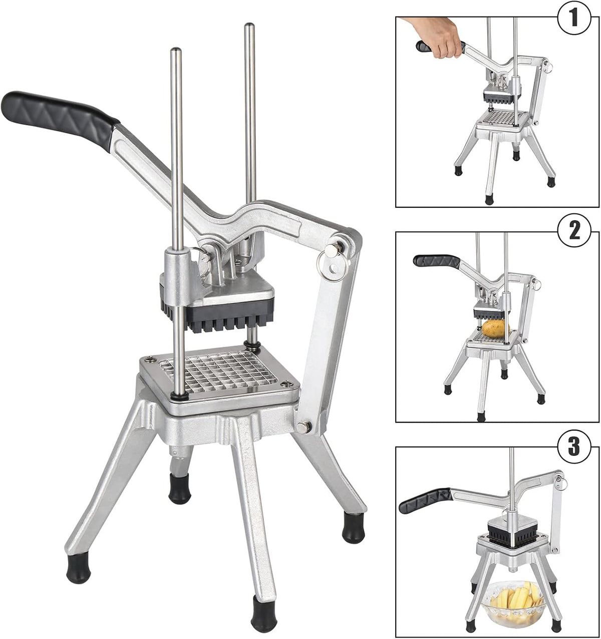 Commercial Vegetable Chopper French Fry Cutter Stainless Steel w/ 4 Sizes Blades, Fruit Potato Slicer, 1/2", 3/8", 1/4" & 8-Wedge Blades and Pusher Blocks for Restaurants, Home & Kitchen