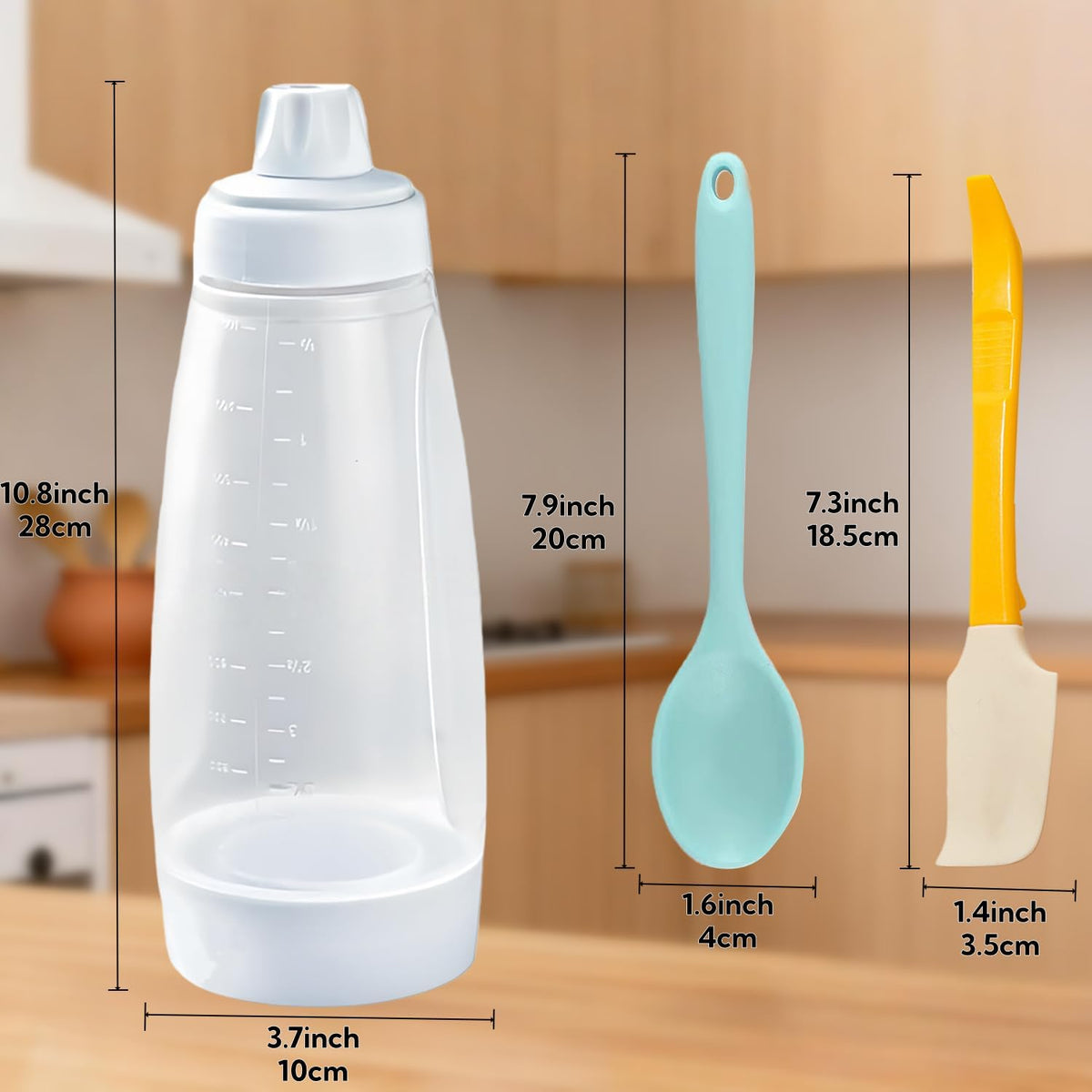 33 Oz Pancake Batter Dispenser, Squeeze Mixer Bottle with BlenderBall | Food grade bottle, for pancake,waffle,crepe,muffin baking, easy squeeze design, silicone spatula, spoon, kitchen batter mixer