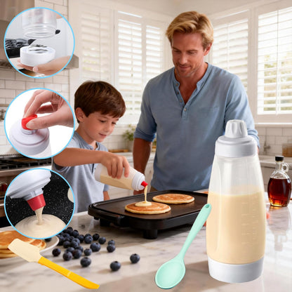 33 Oz Pancake Batter Dispenser, Squeeze Mixer Bottle with BlenderBall | Food grade bottle, for pancake,waffle,crepe,muffin baking, easy squeeze design, silicone spatula, spoon, kitchen batter mixer