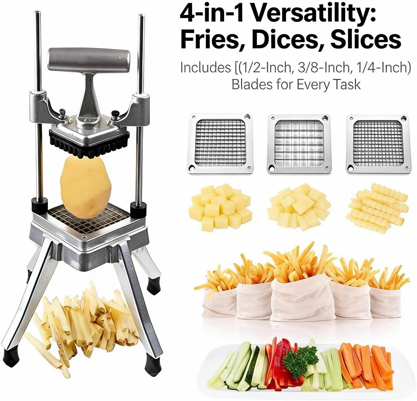 French Fry Cutter for Potatoes, Commercial Vegetable Fruit Chopper with 1/2-Inch, 3/8-Inch, 1/4-Inch Blades, Professional Food Dicer Onion Slicer Stainless Steel For Tomato Peppers Potato Mushroom