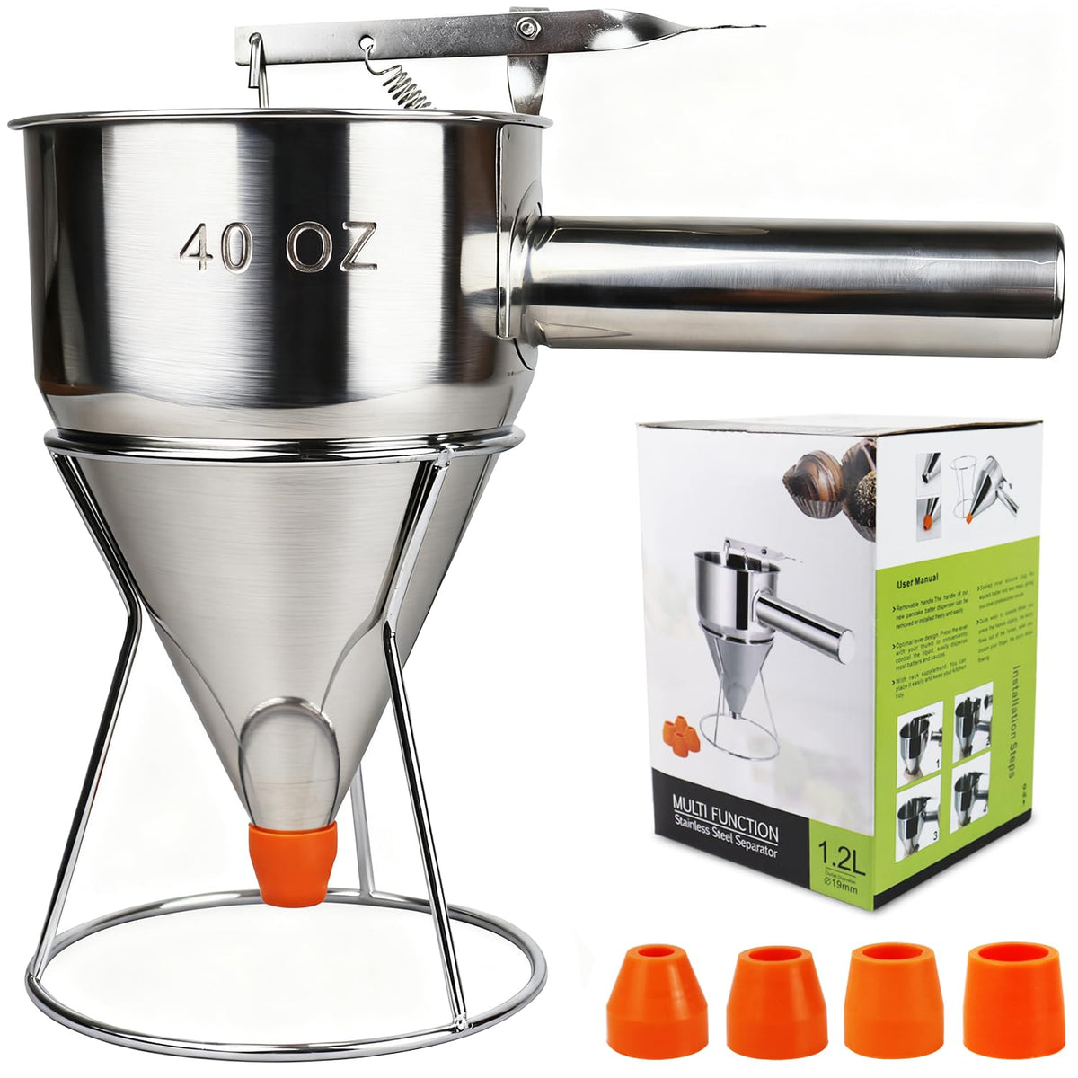 Pancake Batter Dispenser, Large 40oz/1200ml Multi-Caliber Stainless Steel Funnel Cake Dispenser with Stand for Commercial and Use
