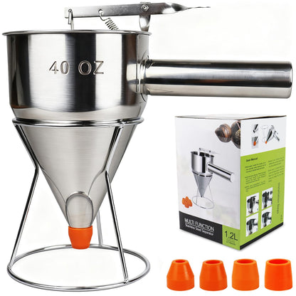 Pancake Batter Dispenser, Large 40oz/1200ml Multi-Caliber Stainless Steel Funnel Cake Dispenser with Stand for Commercial and Use