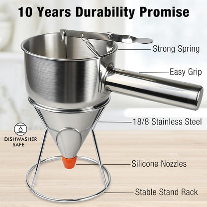 Pancake Batter Dispenser, Large 40oz/1200ml Multi-Caliber Stainless Steel Funnel Cake Dispenser with Stand for Commercial and Use
