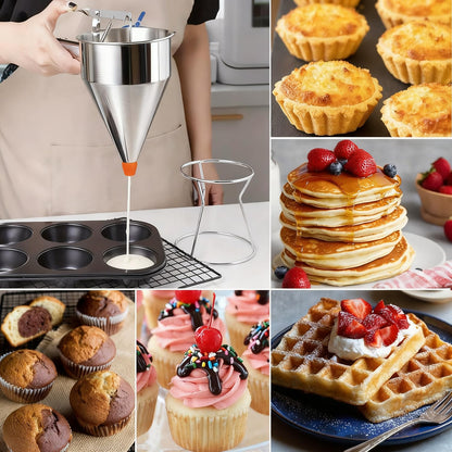 Pancake Batter Dispenser, Large 40oz/1200ml Multi-Caliber Stainless Steel Funnel Cake Dispenser with Stand for Commercial and Use