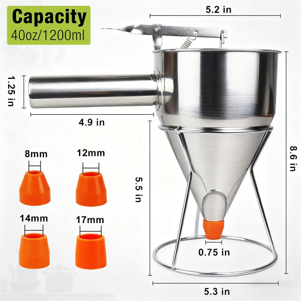 Pancake Batter Dispenser, Large 40oz/1200ml Multi-Caliber Stainless Steel Funnel Cake Dispenser with Stand for Commercial and Use