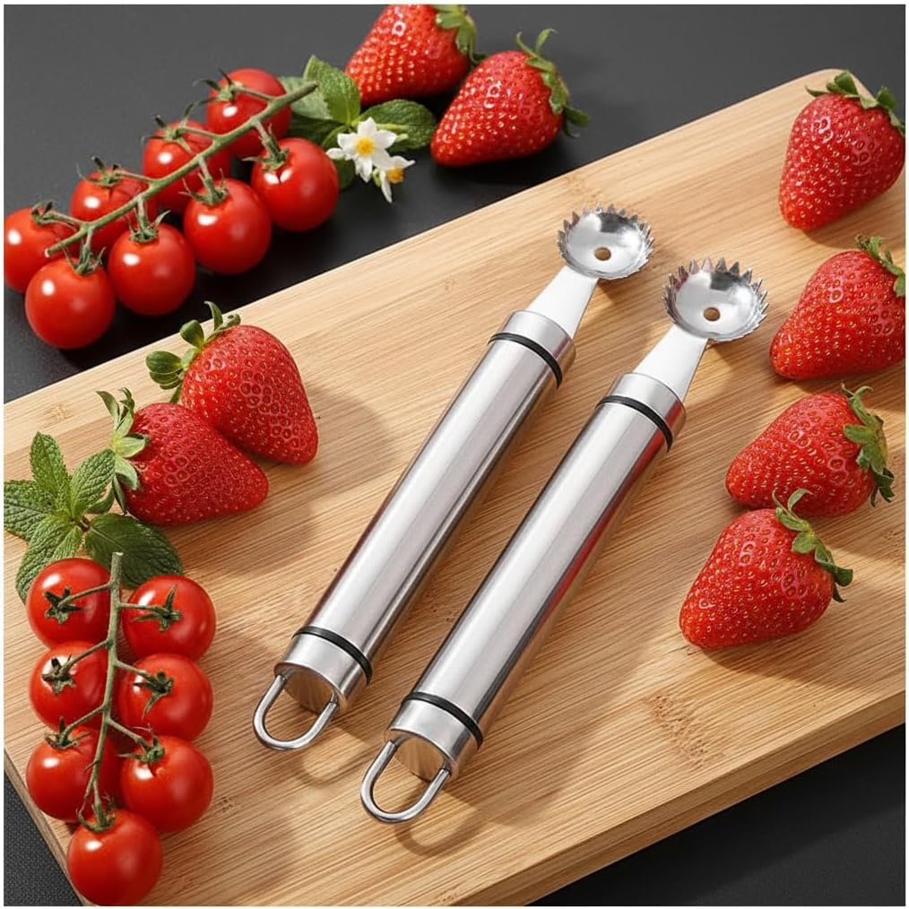 2Pcs Silver Strawberry Huller and Tomato Stem Corer Tool Multi-Function Stainless Corer and Pitter Remover for Strawberry,Tomato,Vegetable and Fruit Corers Practical Kitchen Utensils and Gadgets