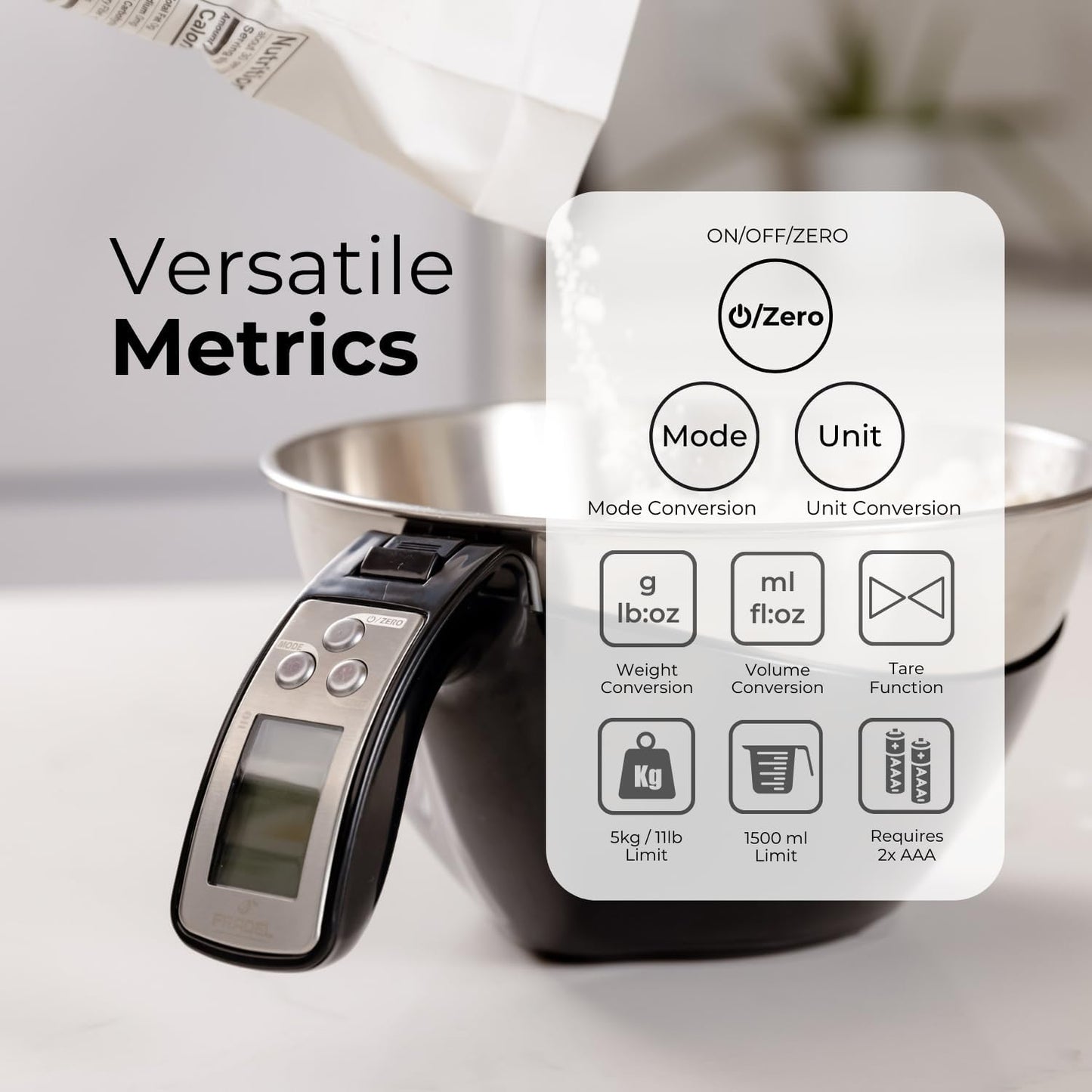 Digital Kitchen Food Scale with Bowl - 11lb, Grams & Ounces - Removable, Dishwasher-Safe Mixing Bowl - Black