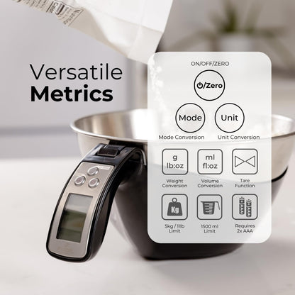 Digital Kitchen Food Scale with Bowl - 11lb, Grams & Ounces - Removable, Dishwasher-Safe Mixing Bowl - Black