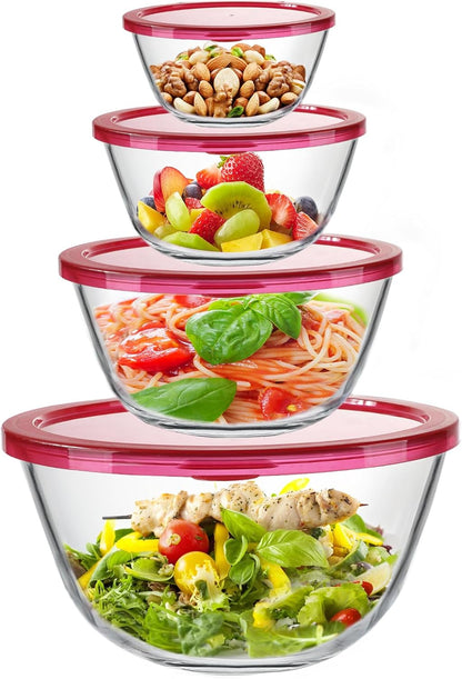 KOMUEE 4 Pack Glass Mixing Bowls Set with Lids (4.8QT, 2.9QT, 1.7QT, 0.8QT)