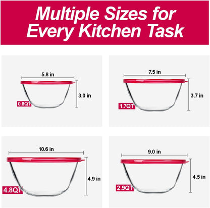 KOMUEE 4 Pack Glass Mixing Bowls Set with Lids (4.8QT, 2.9QT, 1.7QT, 0.8QT)