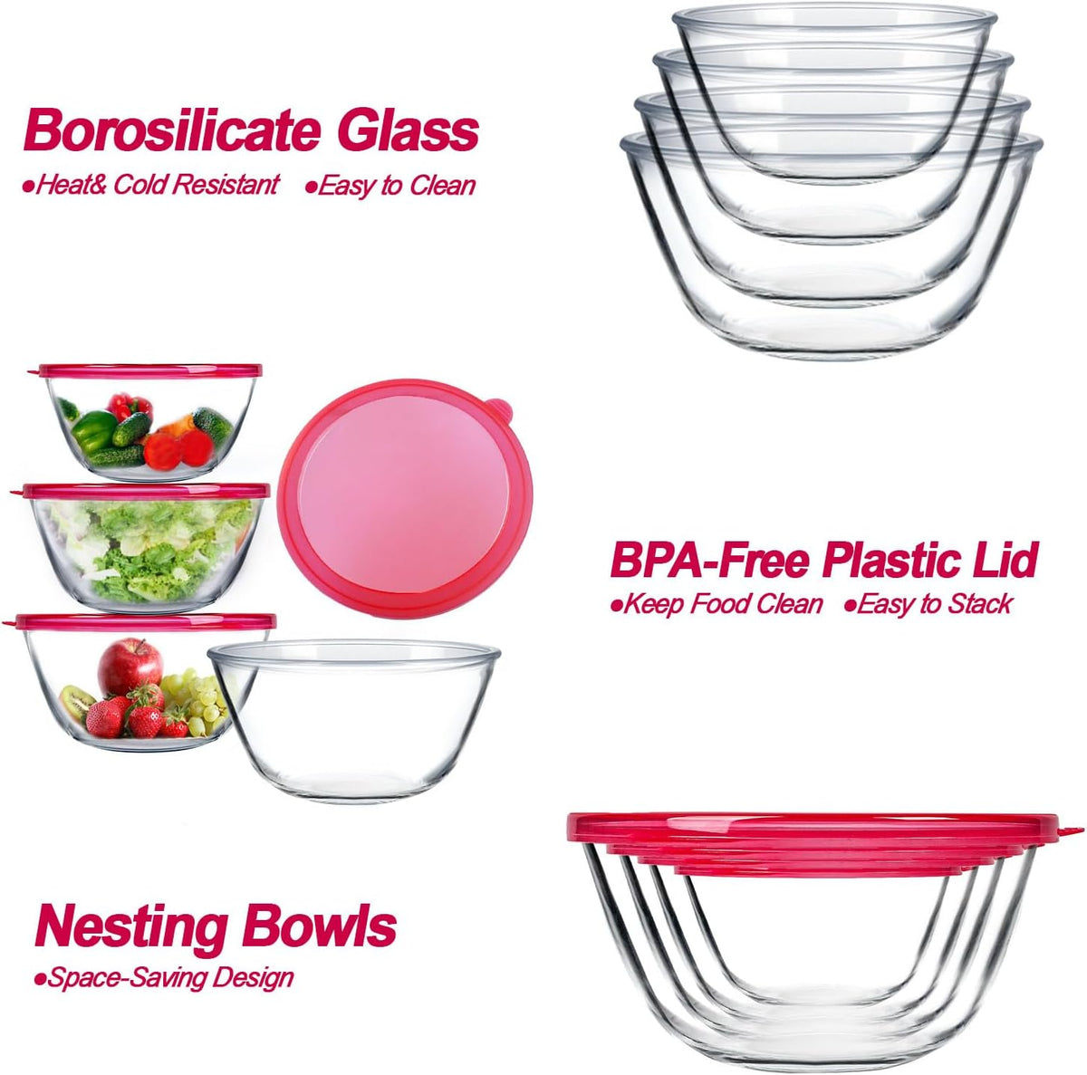 KOMUEE 4 Pack Glass Mixing Bowls Set with Lids (4.8QT, 2.9QT, 1.7QT, 0.8QT)