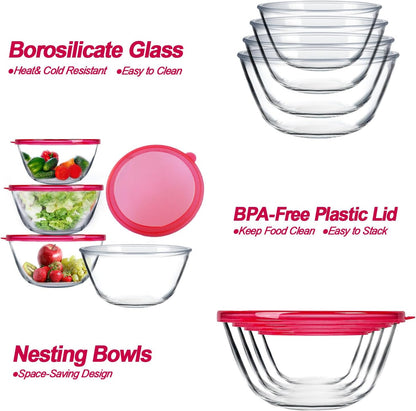 KOMUEE 4 Pack Glass Mixing Bowls Set with Lids (4.8QT, 2.9QT, 1.7QT, 0.8QT)