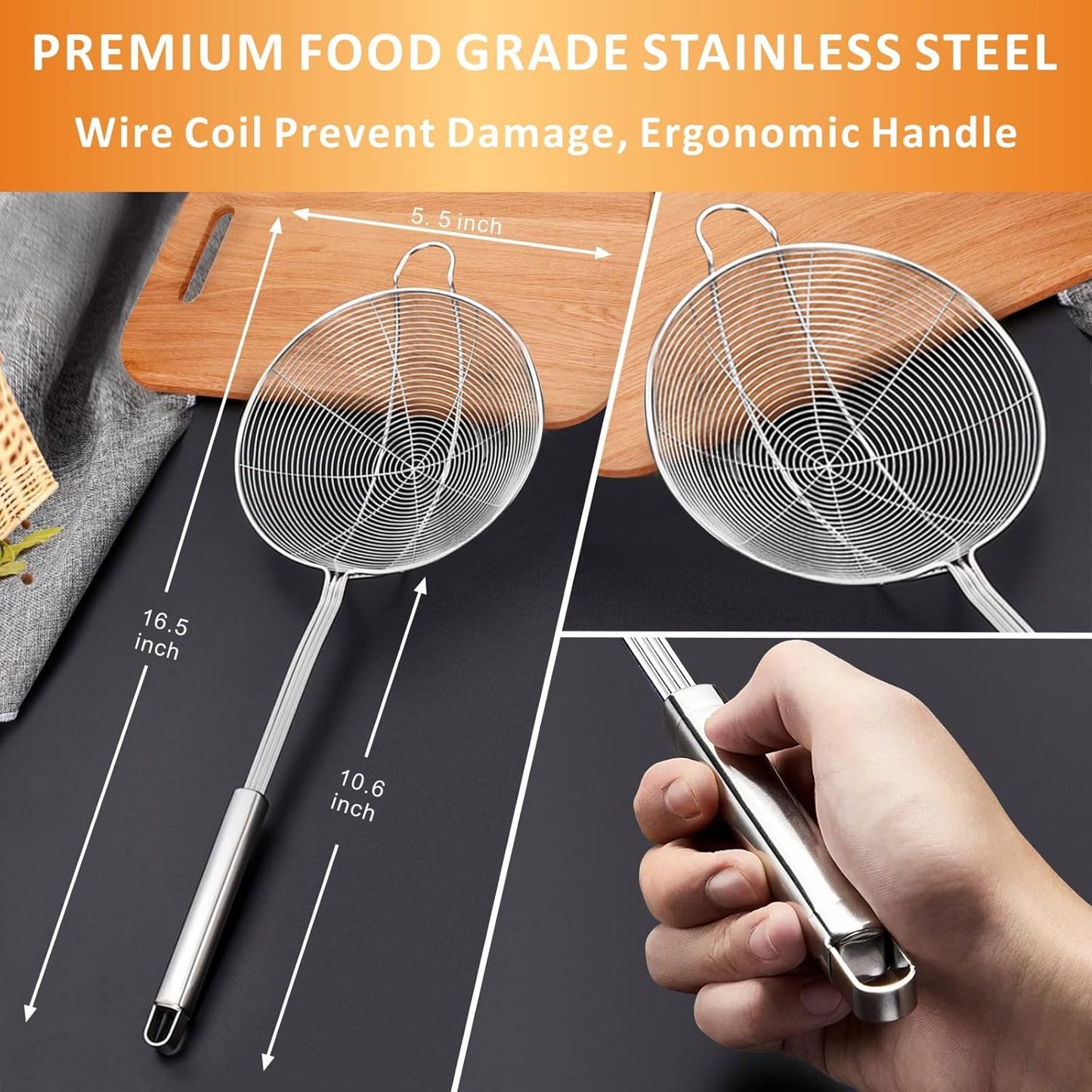 Fine Mesh Strainers Skimmers Set of 4, Stainless Steel Sieve Strainer Wire Sifter Colanders with Anti-Scald Handle,Kitchen Utensil Ideal for Strain Pasta Quinoa Rice, Ideal for Gift
