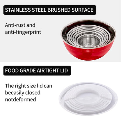 Black Mixing Bowls with Lids Set of 7, Stainless Steel Nesting Bowl with Khaki Lid for Non-slip Mixing Prepping Storing Serving, 7 Sizes-7/3.6/2.7/2.1/1.5/1/0.8 QT
