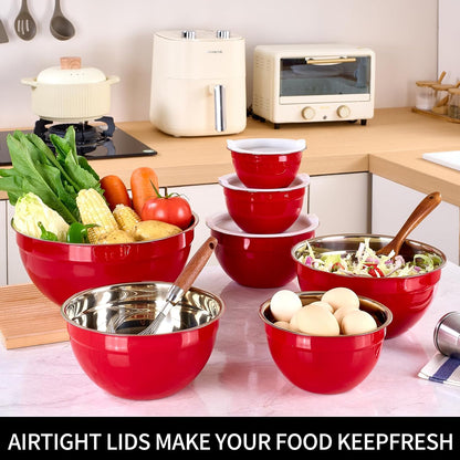 Black Mixing Bowls with Lids Set of 7, Stainless Steel Nesting Bowl with Khaki Lid for Non-slip Mixing Prepping Storing Serving, 7 Sizes-7/3.6/2.7/2.1/1.5/1/0.8 QT