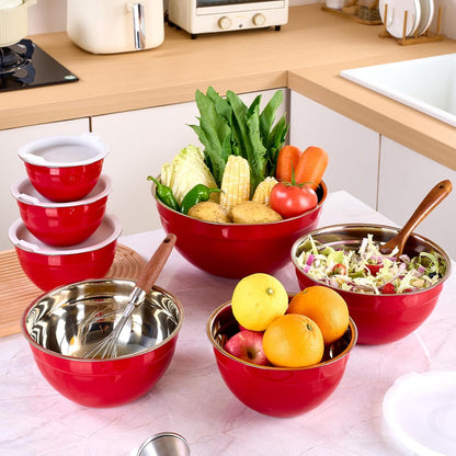 Black Mixing Bowls with Lids Set of 7, Stainless Steel Nesting Bowl with Khaki Lid for Non-slip Mixing Prepping Storing Serving, 7 Sizes-7/3.6/2.7/2.1/1.5/1/0.8 QT