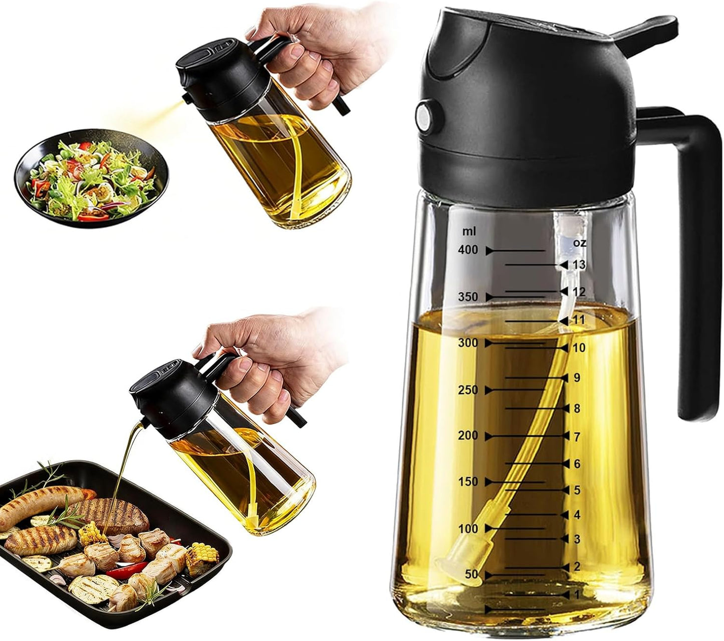 16oz/470ml Glass Olive Oil Sprayer for Cooking, 2 in 1 Olive Oil Dispenser Bottle, Food Grade Oil Mister for Kitchen Gadgets, Air Fryer Accessories, Salad & BBQ – Black