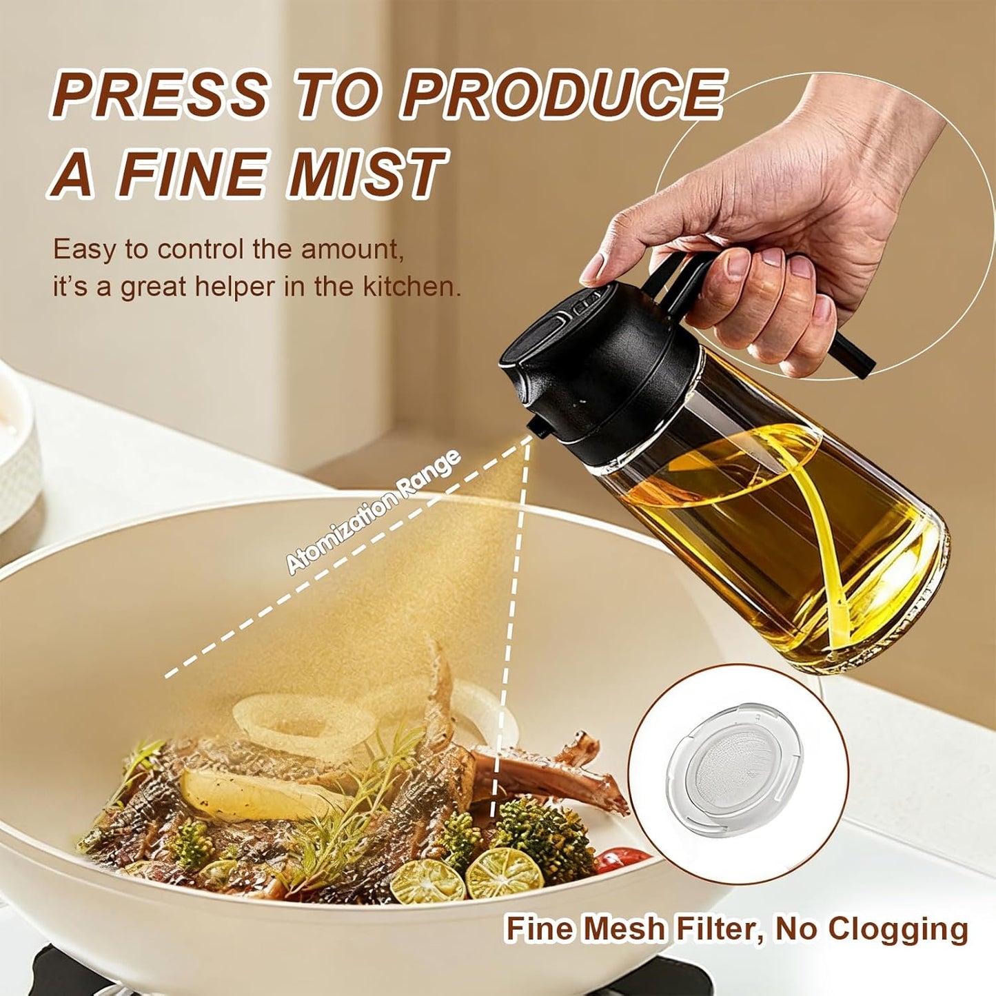 16oz/470ml Glass Olive Oil Sprayer for Cooking, 2 in 1 Olive Oil Dispenser Bottle, Food Grade Oil Mister for Kitchen Gadgets, Air Fryer Accessories, Salad & BBQ – Black