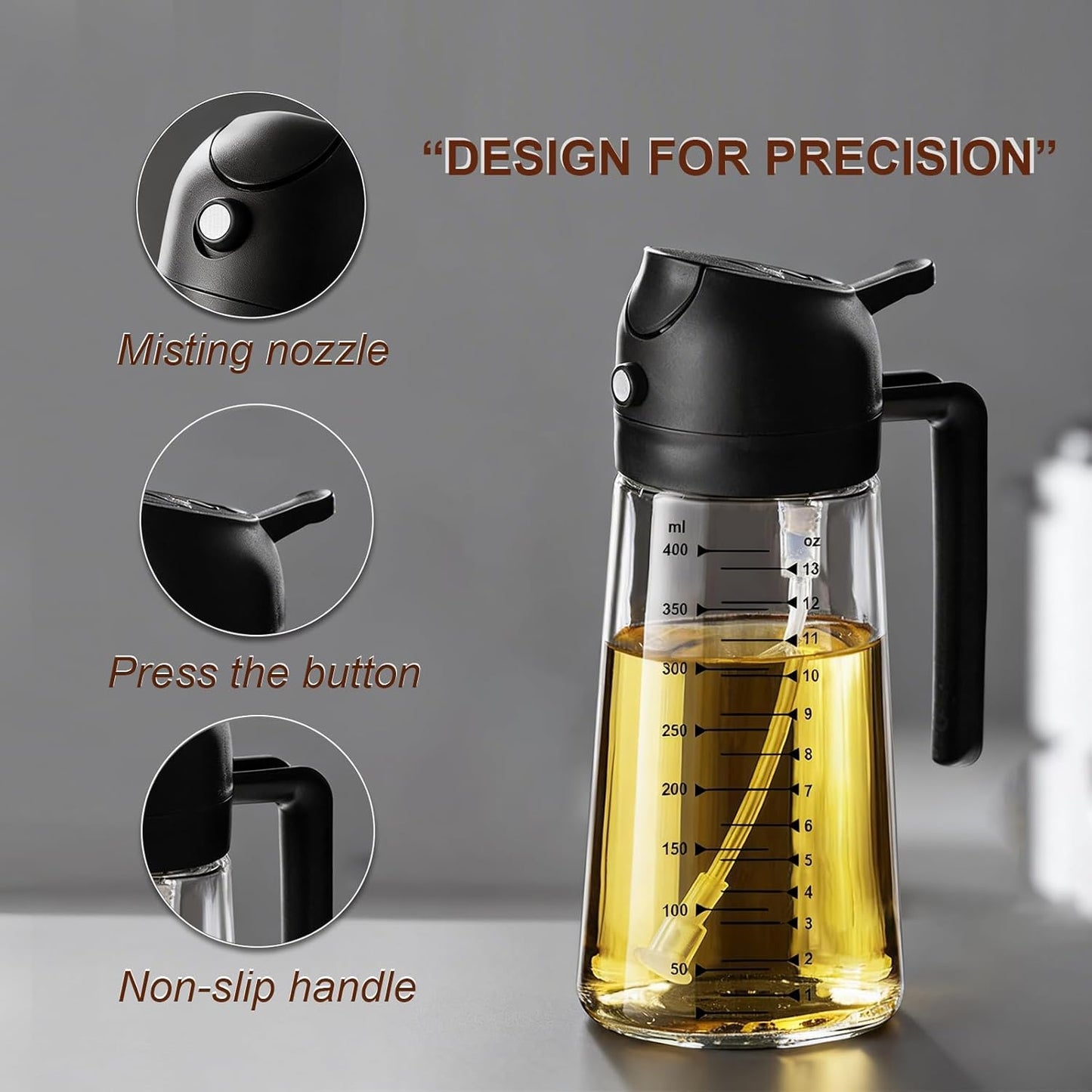 16oz/470ml Glass Olive Oil Sprayer for Cooking, 2 in 1 Olive Oil Dispenser Bottle, Food Grade Oil Mister for Kitchen Gadgets, Air Fryer Accessories, Salad & BBQ – Black