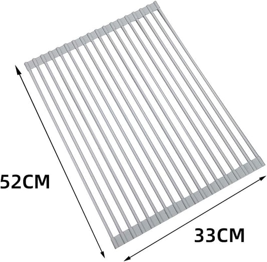 Roll Up Dish Drying Rack Over The Sink.Foldable Kitchen Drainer,Fully Silicone Cover Stainless Steel Bar,Heat-Resistant, Anti-Slip Sink Rack for Kitchen Counter Multipurpose.