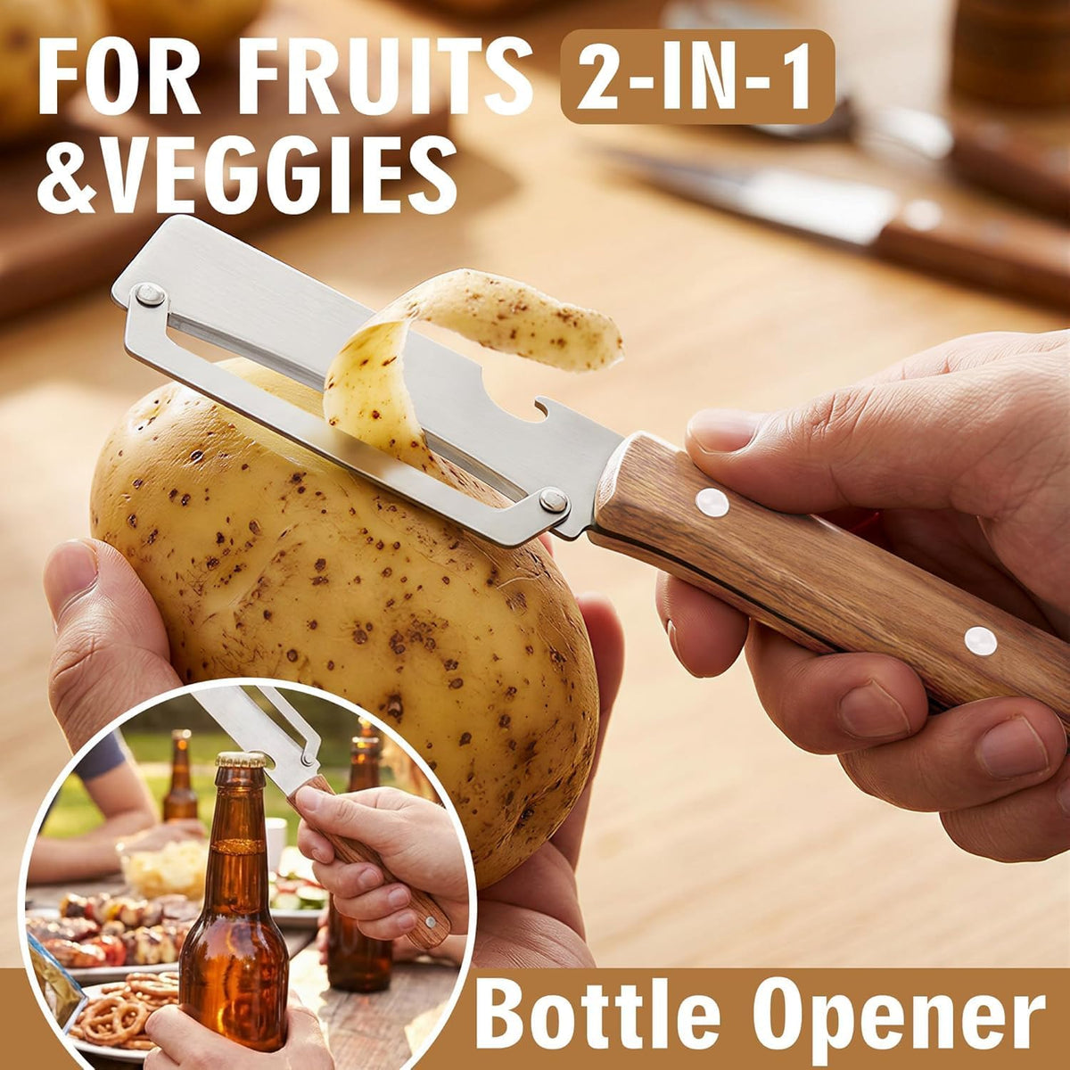 2026 Upgrade Vegetable Peeler With Wooden Handle, Stainless Steel Wide Blade Potato and Carrot Peeler, 2-in-1 Veggie PeelerIncludes a bottle opener; perfect for the kitchen, camping, and travel