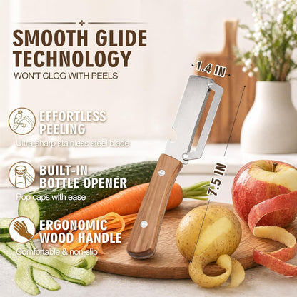 2026 Upgrade Vegetable Peeler With Wooden Handle, Stainless Steel Wide Blade Potato and Carrot Peeler, 2-in-1 Veggie PeelerIncludes a bottle opener; perfect for the kitchen, camping, and travel