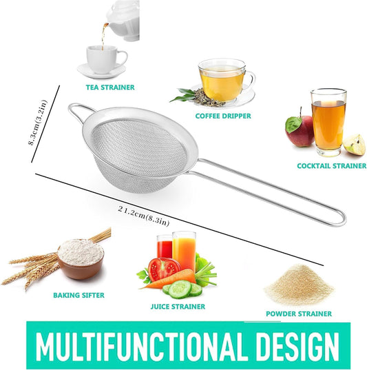 3.35 Inch Silver Fine Mesh Strainer, Stainless Steel Metal Handheld Small Mini Sieve Strainer, Kitchen Food Strainer with Handle for Cocktail, Tea, Coffee and Juice