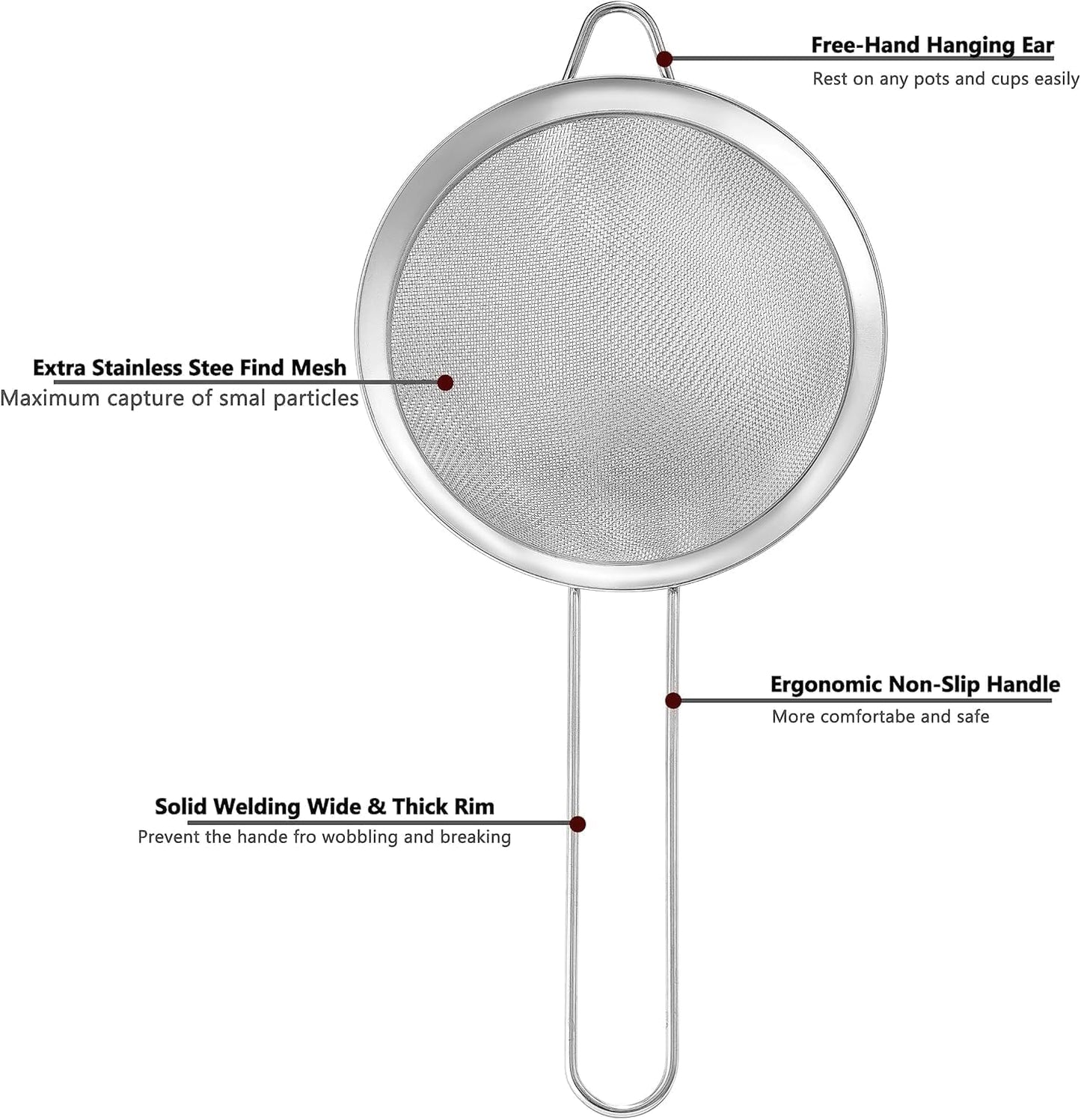 3.35 Inch Silver Fine Mesh Strainer, Stainless Steel Metal Handheld Small Mini Sieve Strainer, Kitchen Food Strainer with Handle for Cocktail, Tea, Coffee and Juice