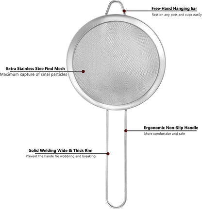 3.35 Inch Silver Fine Mesh Strainer, Stainless Steel Metal Handheld Small Mini Sieve Strainer, Kitchen Food Strainer with Handle for Cocktail, Tea, Coffee and Juice