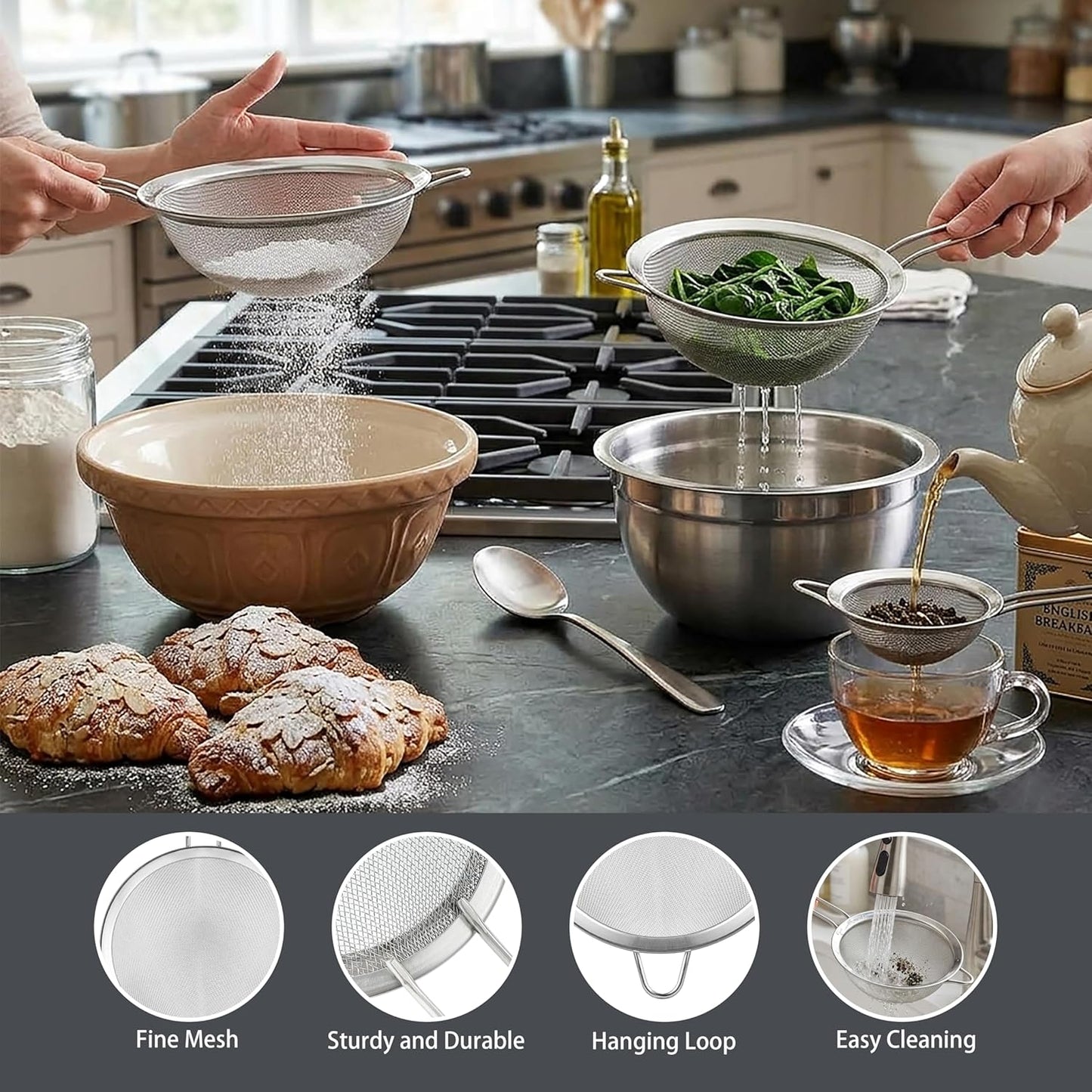 3.35 Inch Silver Fine Mesh Strainer, Stainless Steel Metal Handheld Small Mini Sieve Strainer, Kitchen Food Strainer with Handle for Cocktail, Tea, Coffee and Juice