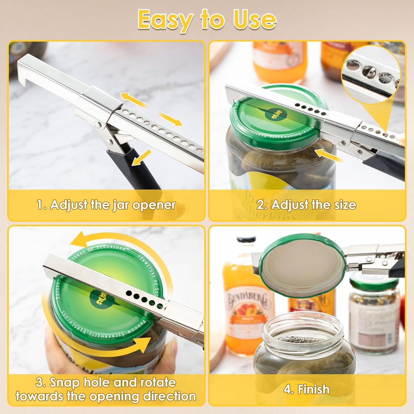2 Pack Adjustable Jar Can Opener, Multifunctional Stainless Steel Can Opener with Jar Gripper, Comfortable Grip Jar Lid Opener for Weak Hands, Seniors Arthritis, Kids Openers, 7.5 Inch