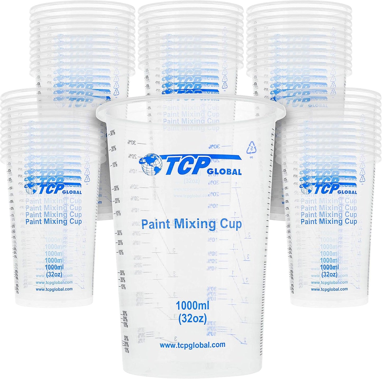 32 oz. (1000ml) Graduated Plastic Mixing Cups (Box of 50) - Disposable Plastic Measuring Cups for Liquids, Paints, Resin, Epoxy, Art, Kitchen - Ratios 2-1, 3-1, 4-1 ML