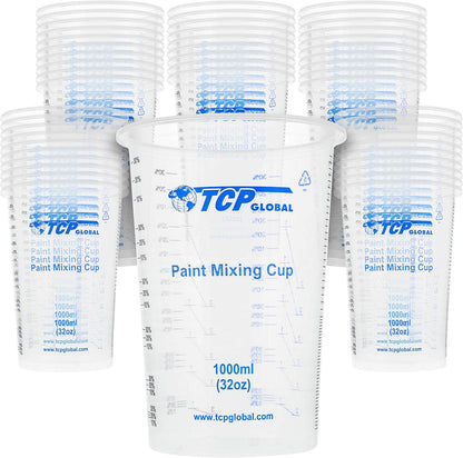 32 oz. (1000ml) Graduated Plastic Mixing Cups (Box of 50) - Disposable Plastic Measuring Cups for Liquids, Paints, Resin, Epoxy, Art, Kitchen - Ratios 2-1, 3-1, 4-1 ML
