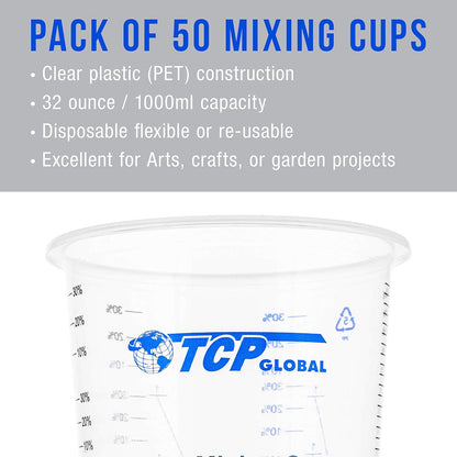 32 oz. (1000ml) Graduated Plastic Mixing Cups (Box of 50) - Disposable Plastic Measuring Cups for Liquids, Paints, Resin, Epoxy, Art, Kitchen - Ratios 2-1, 3-1, 4-1 ML