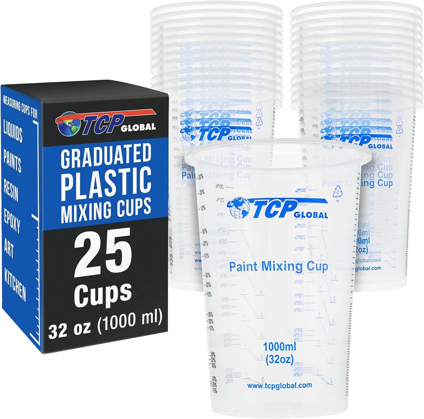 32 oz. (1000ml) Graduated Plastic Mixing Cups (Box of 50) - Disposable Plastic Measuring Cups for Liquids, Paints, Resin, Epoxy, Art, Kitchen - Ratios 2-1, 3-1, 4-1 ML