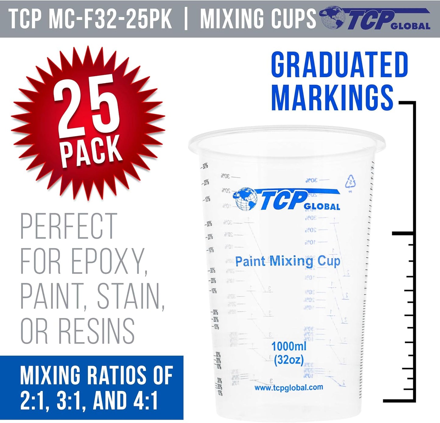32 oz. (1000ml) Graduated Plastic Mixing Cups (Box of 50) - Disposable Plastic Measuring Cups for Liquids, Paints, Resin, Epoxy, Art, Kitchen - Ratios 2-1, 3-1, 4-1 ML