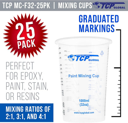 32 oz. (1000ml) Graduated Plastic Mixing Cups (Box of 50) - Disposable Plastic Measuring Cups for Liquids, Paints, Resin, Epoxy, Art, Kitchen - Ratios 2-1, 3-1, 4-1 ML