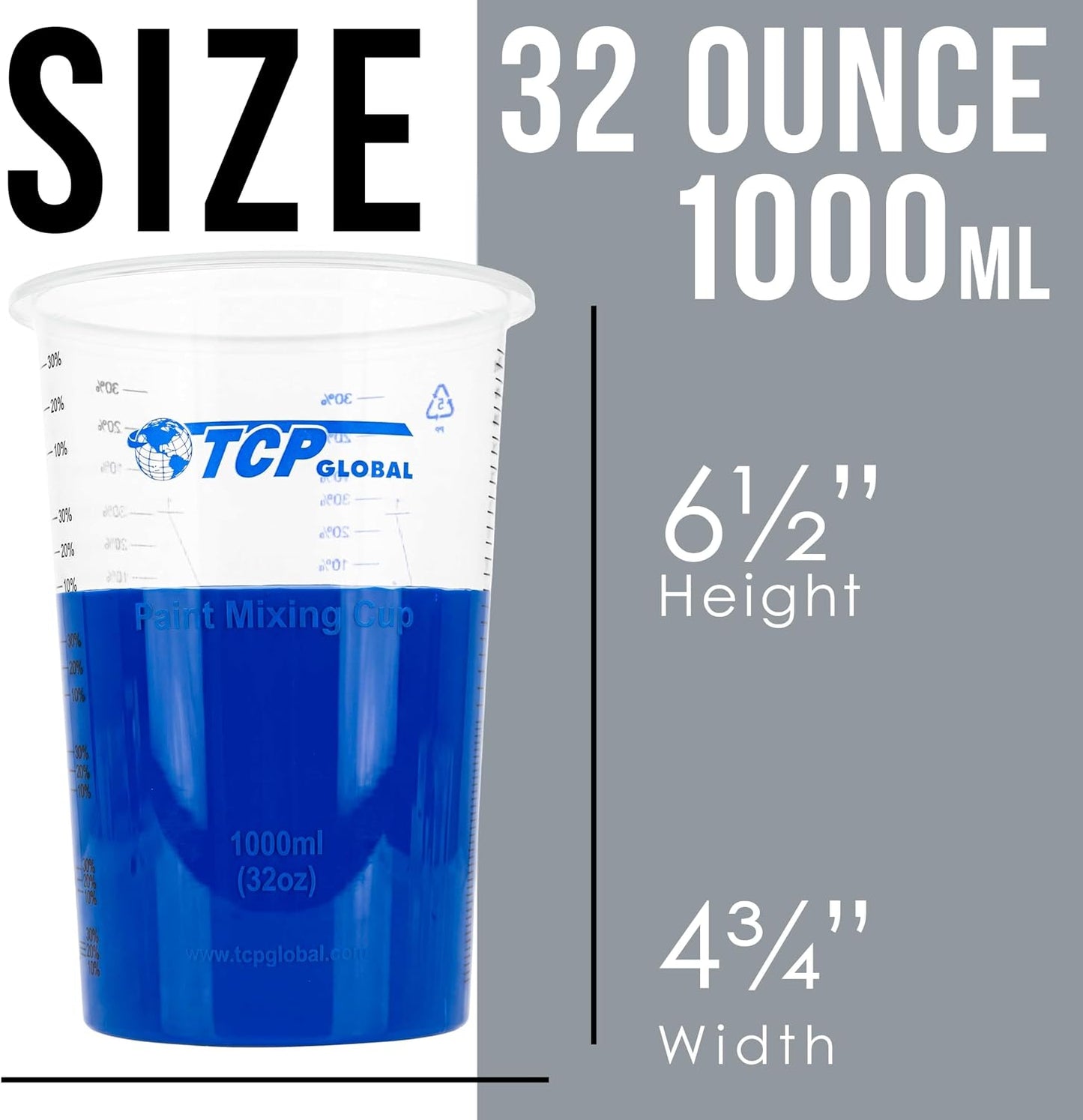 32 oz. (1000ml) Graduated Plastic Mixing Cups (Box of 50) - Disposable Plastic Measuring Cups for Liquids, Paints, Resin, Epoxy, Art, Kitchen - Ratios 2-1, 3-1, 4-1 ML