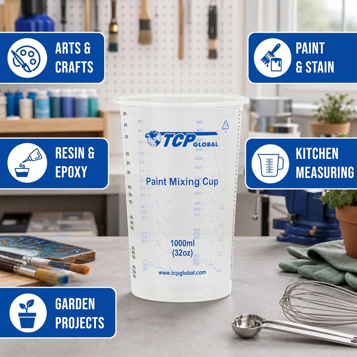 32 oz. (1000ml) Graduated Plastic Mixing Cups (Box of 50) - Disposable Plastic Measuring Cups for Liquids, Paints, Resin, Epoxy, Art, Kitchen - Ratios 2-1, 3-1, 4-1 ML