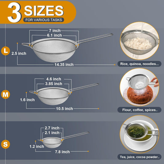 Fine Mesh Strainer, Stainless Steel Strainers with Sturdy Handle, Set of 3 Metal Sieve for Kitchen Food, Rice, Quinoa, Tea - 7", 4.6", 2.7"